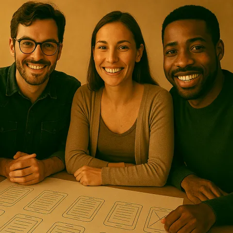 Grupo de designers sorridentes, com wireframes de um projeto sobre a mesa.